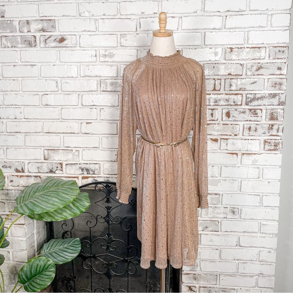 Nina Leonard Rose Gold Metallic Chiffon Sheer Mock Neck Cocktail Midi Dress